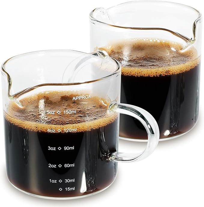 5OZ (150ML) Espresso Cups, Double Spouts Espresso Shot Cups with Handle, Heat Resistant Borosilicate Cappuccino Cup, Coffee Bar Accessories, Small (Set of 2)