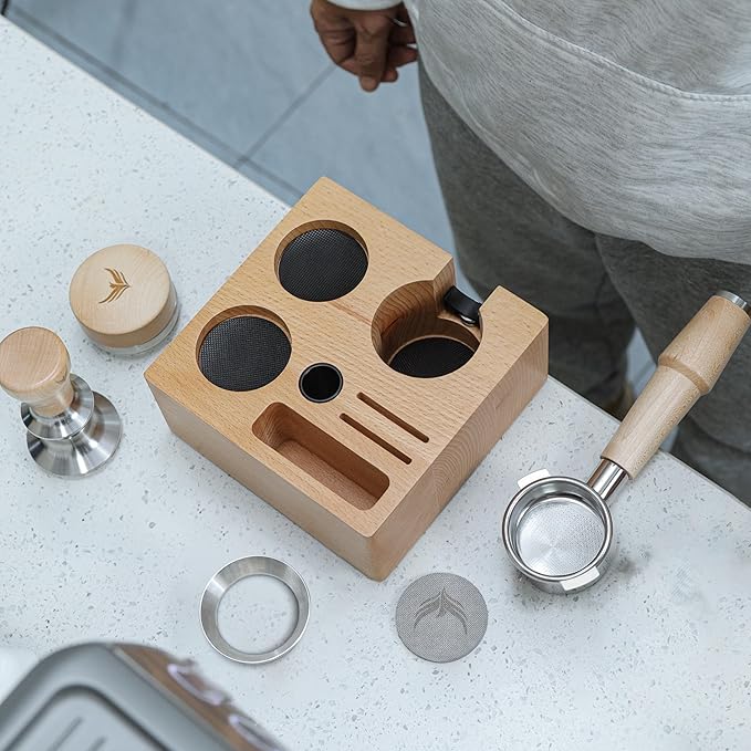 KNODOS 58.5mm Tamper Kit for Gaggia Classic Pro, Evo, E24 Machines Includes Self Leveling Tamper, Distributor, Tamping Station, Dosing Funnel and Puck Screen