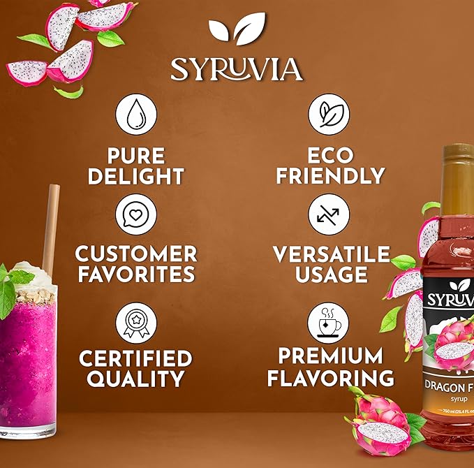Syruvia Dragon Fruit Syrup, Flavored Syrup for Drinks, Cocktails, Lemonades, Iced Teas, and Desserts – 25.4 fl oz