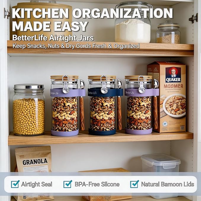 1.5-Quart Large Glass Nuts Storage Container, Airtight Food Storage Jar with Bamboo Lid & Scoop, Keeps Nuts Crunchy & Fresh, Perfect for Pantry Organization & Storing Nuts, Almonds, Peanuts