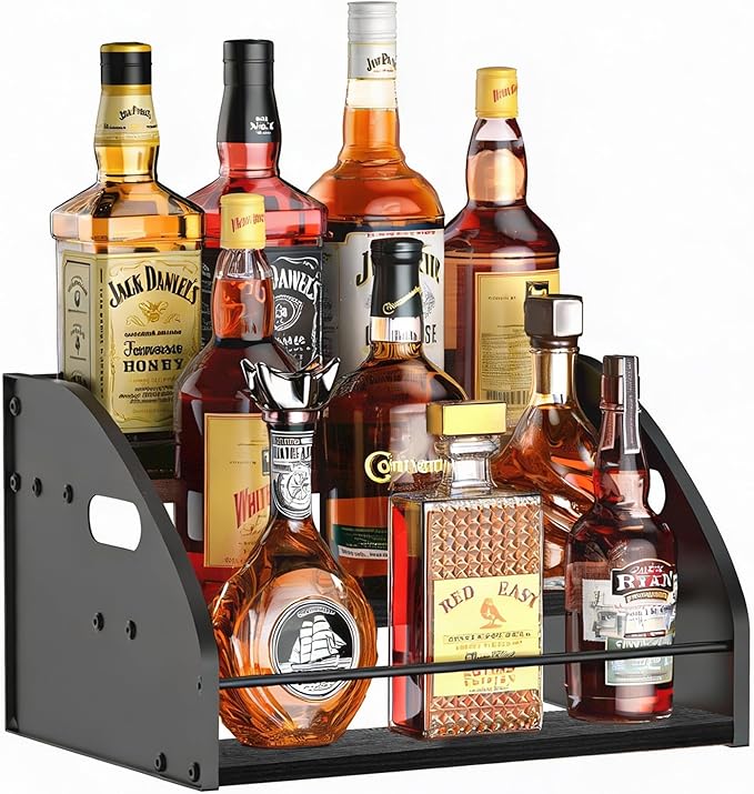 STAEVER Premium Metal Design - Strong Liquor Bottle Display Shelf, 3 Steps Extra Large Rustic Mini Bar, Countertop Coffee Syrup Organizer with Handles, Ideal Gift for Dad & Liquor Enthusiasts