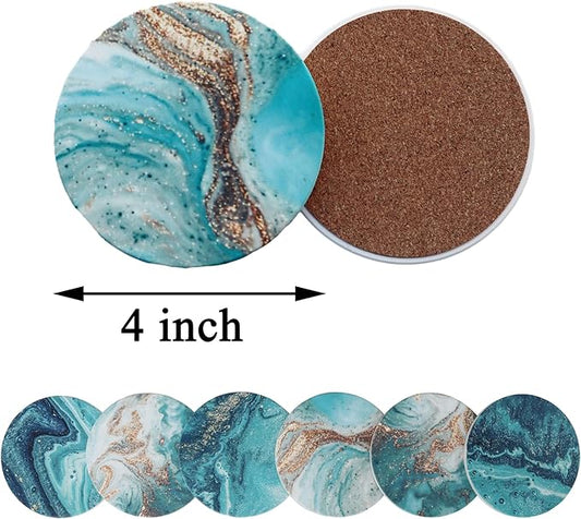 Blue Marble Ceramic Coasters with Holder Absorbent Drink Coaster Set Outdoor Round Abstract Cute Table Decorative Coffee Cup Beverage Fun Wine Beer Bar Gold Housewarming 6 Pack
