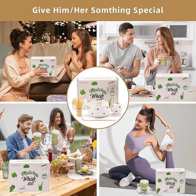 5pcs Premium Matcha Set,Ceramic Bowl with Spout and Bamboo Whisk set, Ceremonical Matcha Kit for breakfast/latte,Tea Starter Making Kit,Unique Matcha Gift set (love)