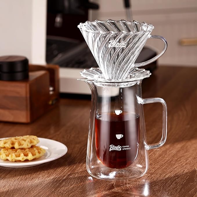 Double Wall Pour Over Coffee Maker Set - 400ml Insulated Glass Carafe with Handle, Dripper & 50 Filters, Coffee Server for Pour Over, Borosilicate Glass for Coffee, Tea, Cocktails & All Beverages
