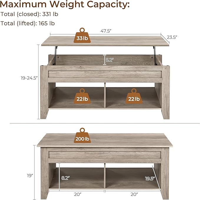Yaheetech Lift Top Coffee Table with Hidden Storage Compartment & Lower Shelf, Lift Tabletop Farmhouse Table for Living Room Office Reception, 47.5in L, Gray