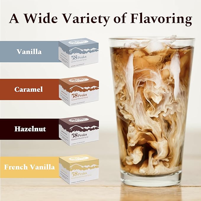 58Peaks Caramel Flavored Syrup Sweetener Packets for Hot and Cold Drinks | To-Go Syrup Flavoring Perfect for Coffee, Tea, Milkshake and More | Flavored Coffee Syrups for Travel | 15mL | 50-Pack