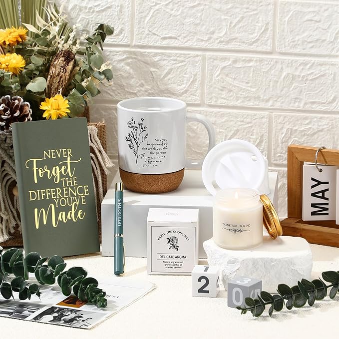 4 Pcs Thank You Gift Set for Men Women Employee Coworker Inspirational Appreciation Gifts Notebook Coffee Mug Scented Candle Pen for Valentine's Day Team Office Staff Teacher Nurse Volunteer