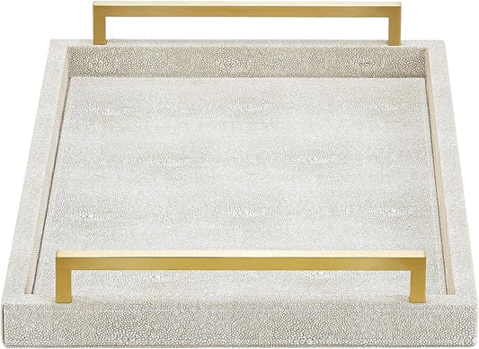 Ivory Shagreen Decorative Tray Large Rectangle Coffee Table Tray for Ottoman Faux Leather Serving Tray with Brushed Gold Handles