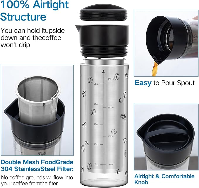 YMMIND 25oz Cold Brew Coffee Maker 4 Cup Capacity Tea Maker, Iced Coffee Pot, Cold Heat Resistant Borosilicate Glass Carafe, Stainless Steel Mesh Filter Basket and Black Freshness Lid