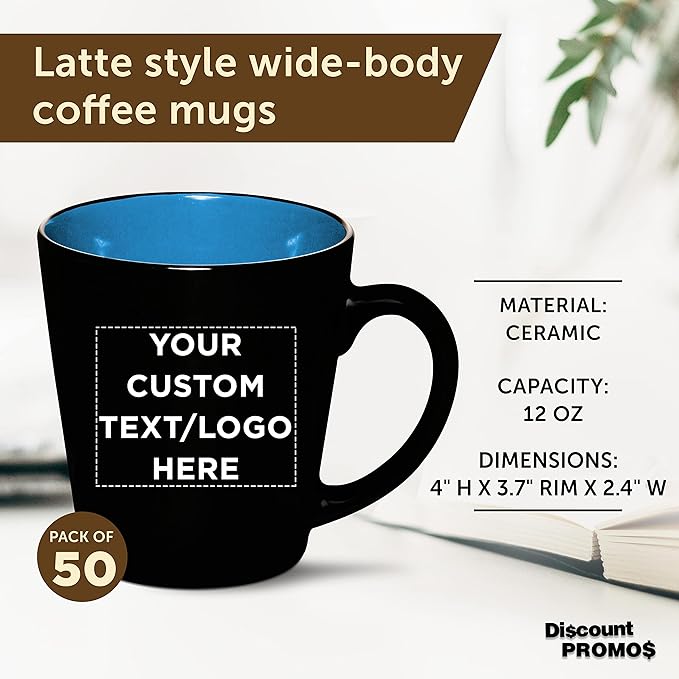 Custom Ceramic Coffee Latte Mugs 12 oz. Set of 50, Personalized Bulk Pack - Perfect for Coffee, Tea, Espresso, Hot Cocoa, Other Beverages - Blue