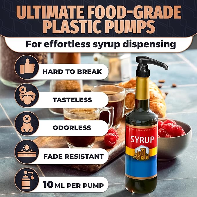 8 Pcs Pumps for Syrup Bottles Black - Coffee Syrup Pump Dispenser Set, 750ml Bottles with Food-Grade Plastic Adjustable Tube, 10ml per Pump - Easy Cleaning, Lockable Mechanism | for Syrups & Sauces