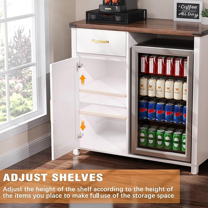 GDLF Coffee Bar with Mini Fridge Space, Mini Fridge Cabinet Stand，Liquor Wine Cabinet for Dorm, Kitchen or Office, 39.4" W X 20.9" D Tabletop，White