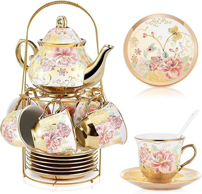 Zhehao 20 Pcs Porcelain Tea Set with Metal Holder and Spoon Adult Ceramic Tea Set European Flower Painting Teapot Cup Saucer Spoon for Women, Large Version(Gorgeous Style)