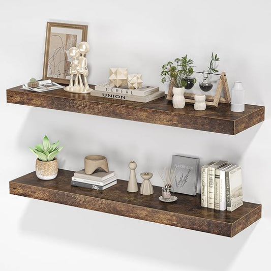 Floating Shelves for Wall, 36"W x 8"D x 1.5"H, Wooden Wall Mounted Display Shelves with Invisible Brackets for Living Room, Bedroom, Bathroom, Kitchen Decor and Storage, Set of 2, Rustic Brown