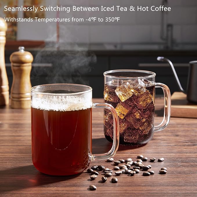 Glass Coffee Mugs, 20 oz Ice coffee cups, Large Clear Tea Cups Set of 2, Glass Mugs with Handles, Glass Cups for Latte, Cappuccino, and Tea