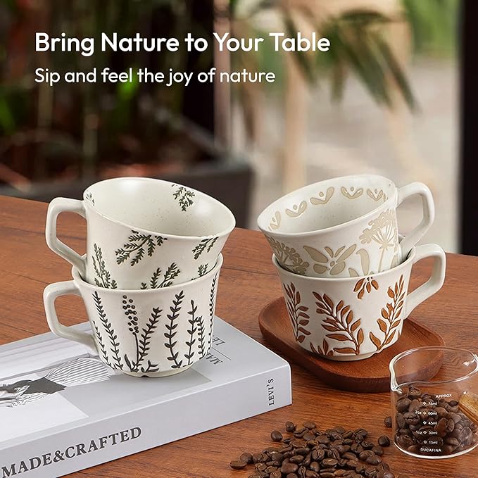 LINVIA Ceramic Coffee Mug, 12 oz Novelty Unique Teacup with Handle, Stoneware Cup for Tea Mocha Latte Cappuccino Espresso (Ivy)