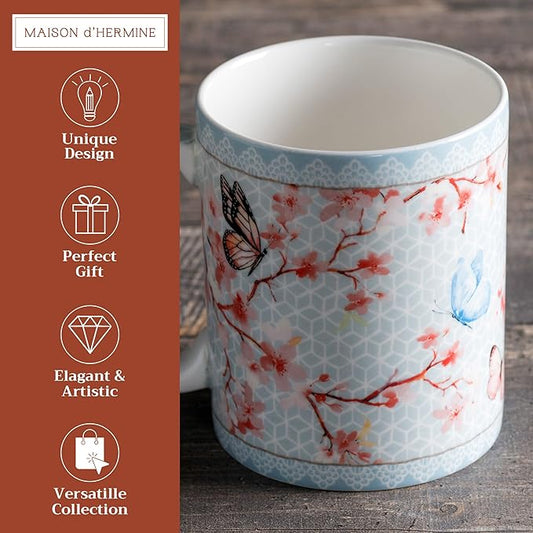 Maison d' Hermine Coffee Mug with Handles Fine Bone China Mugs Pack of One Tea Cups for Hot Beverages Cappuccino Latte Home Restaurant Office Perfect for Gift (Blossoms In Spring - Sakura, 15 Ounce)