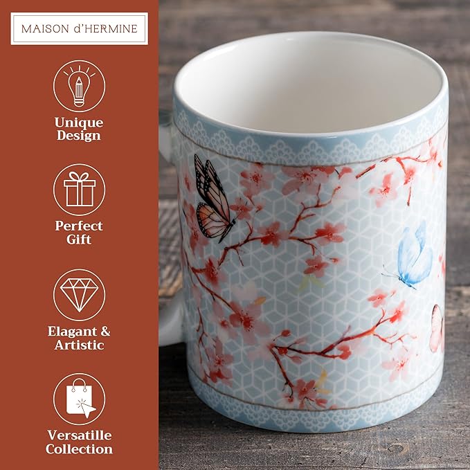 Maison d' Hermine Coffee Mug with Handles Fine Bone China Mugs Pack of One Tea Cups for Hot Beverages Cappuccino Latte Home Restaurant Office Perfect for Gift (Blossoms In Spring - Sakura, 12 Ounce)