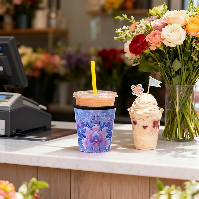 Boho Lotus Flower Iced Coffee Sleeve Set of 3 Reusable Neoprene Cup Holder for Cold Drinks Fits 16oz 24oz 30oz Cups Aesthetic Insulated Cup Sleeve