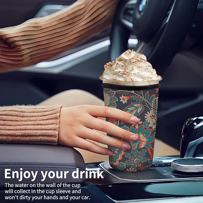 Reusable Neoprene Insulator Sleeve for Iced Coffee Cups, Medium 22-28oz Durable Drink Sleeve for Cold Beverages, Cute Beverage Holder Cup Sleeve for Women Men Boho Paisley