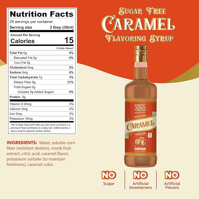 ChocZero Sugar Free Caramel Syrup for Coffee - Keto Flavoring Syrups - Low Calorie Simple Syrup for Flavored Drinks – 25.4 Fluid Ounces