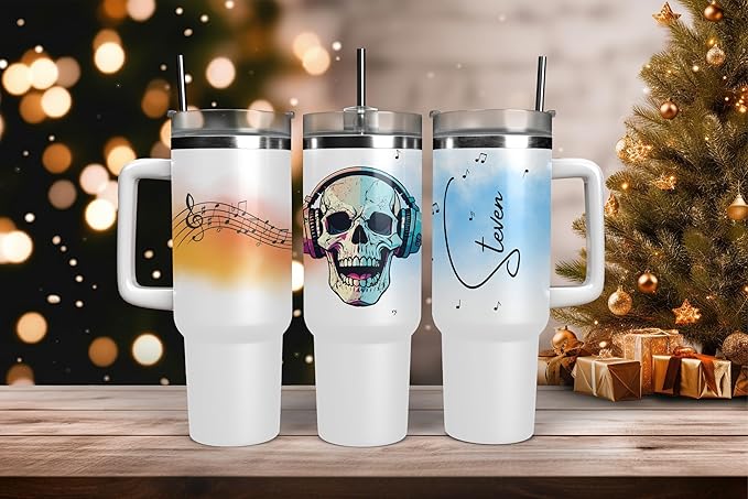 Halloween Skull Tumbler with Straw, Stainless Steel, 40 oz, Music Theme, Custom Insulated Travel Mug