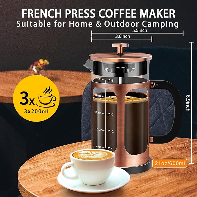 YMMIND French Press Coffee Maker (21oz 600ML 3-4Cup) Coffee Press, with 4 Filters System, Heat Resistant Thickness Borosilicate Glass, Cold Brew Coffee Tea Pot Gifts (Copper)