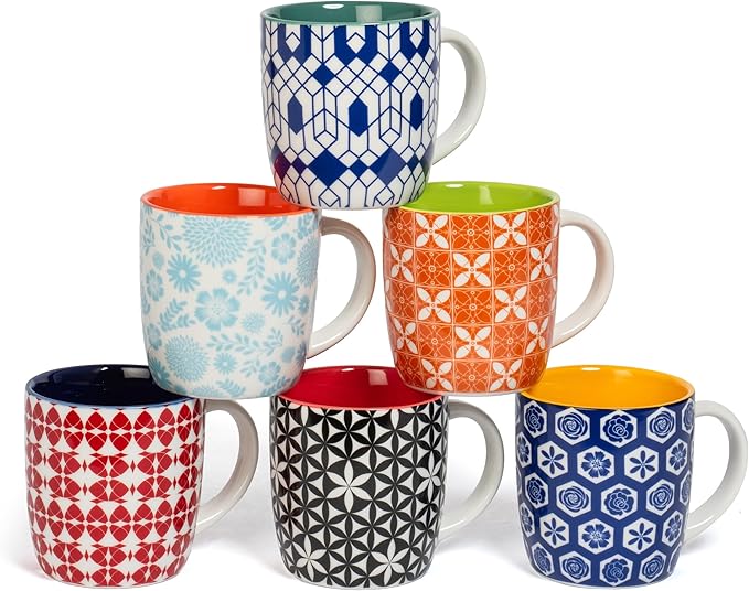 Annovero Small Coffee Cups - 11.7 Oz Capacity - Porcelain Kitchen Mugs for Tea, Latte, Cappuccino, or Hot Cocoa - Set of 6