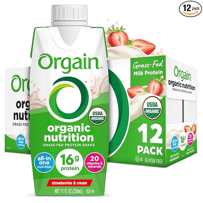 Orgain Organic Nutritional Protein Shake, Strawberries & Cream - 16g Grass Fed Whey Protein, Meal Replacement, 20 Vitamins & Minerals, Fruits & Vegetables, Gluten Free, Non-GMO, 11 Fl Oz (12 Pack)