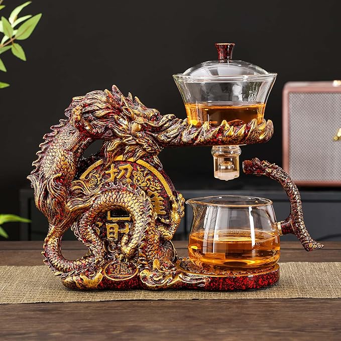 Glass Teapot Set with Infuser Semi Automatic Dragon Tea Set with 6 Small Cups (red golden dragon-b)