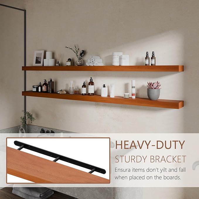 72 inch Long Floating Shelves for Wall,Solid Wood Long Shelves Set of 2,Orange Rustic Wall Mounted Shelves with Heavy Duty Brackets (Orange, 72 Inch)