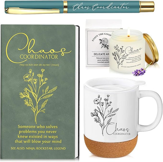 4 Pcs Chaos Coordinator Gifts Set for Women Men Chaos Coordinator Appreciation Gifts Notebook Coffee Mug Cup Scented Candle Ballpoint Pen for Valentines Teacher Staff Boss Employee Coworker