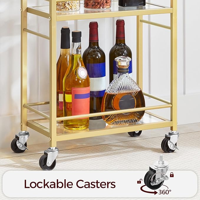 Bar Cart for The Home, 3-Tier Drink Cart on Wheels, Home Bar Serving Cart, Mini Bar Cart for Small Space, Kitchen, Dining Room, Gold RCJ40B01