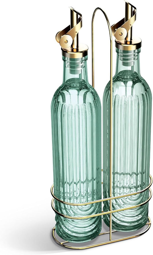 COOK WITH COLOR Glass Olive Oil Bottle Dispenser - 2 Pack- 17oz Oil and Vinegar Cruet - Olive Oil Carafe Decanter for Kitchen, Elegant Fluted, Green