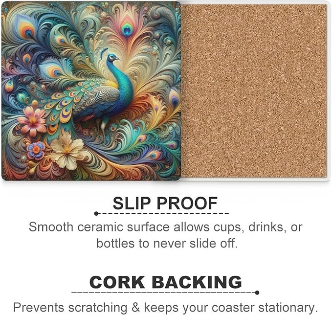 Square-4PCS Peacock Drink Coasters, Square Modern Ceramic Absorbent Coasters, Beautiful Colorful Floral Peacock Art Pattren Decor Desk Coffee Table Coaster for Beverage Cup Tea Coasters