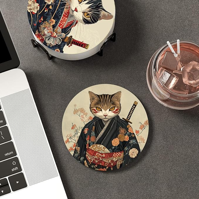 Ninja Cat Coasters Set of 8 Ceramic Cat Lover Gift Coasters with Holder for Table Bar Desk Anime Cat Decor