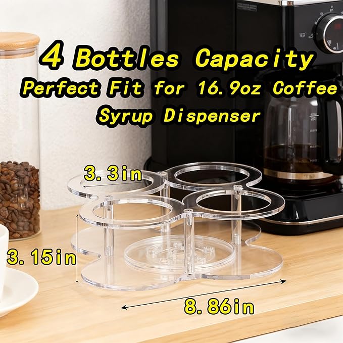 Acrylic Syrup Dispenser Organizer, 360°Rotating Storage Rack for 4 Bottles,Clear Coffee Syrup Bottle Holder for Coffee Station Accessories,Home Bar,Kitchen-Fits 16.9 oz Bottles(Syrup Rack Only)