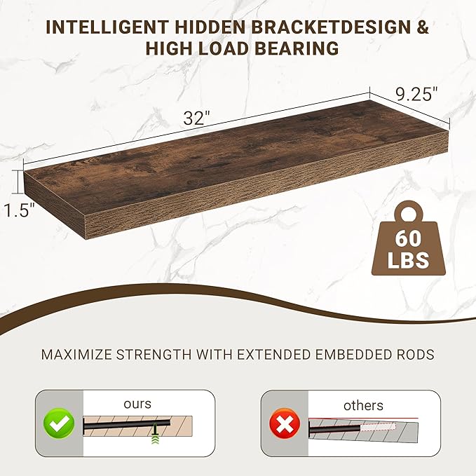 32 Inch Floating Shelves, 3D Textured Wood Grain, 32"x9.25"x1.5" Inch Deep Floating Shelves for Wall, Wooden Shelves for Bathroom, Bedroom, Living Room, Brown, 2 Pieces