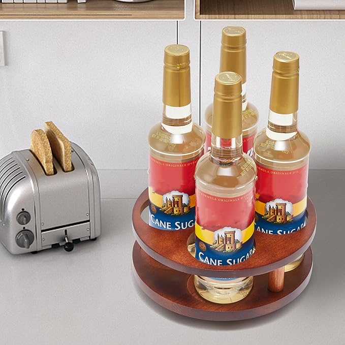 Wood Rotating Coffee Syrup Organizer, 4 Bottles Coffee Syrup Rack, Coffee Station Organizer with Large Base and Anti-Slip Pad