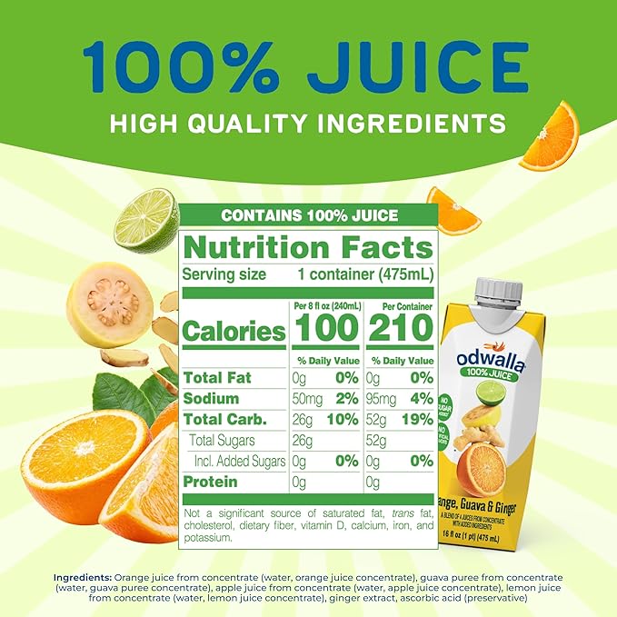 Odwalla Orange, Guava, Ginger Juice – Natural Ingredients, No Added Sugar, No Artificial Flavors or Colors - 16 oz (12 Pack)