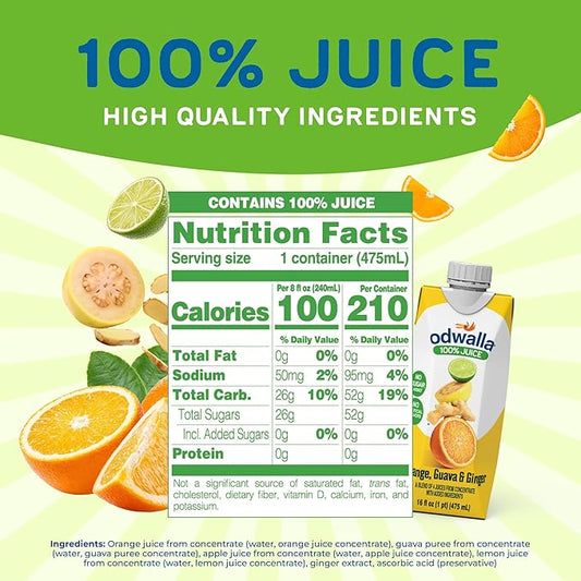 Odwalla Orange, Guava, Ginger Juice – Natural Ingredients, No Added Sugar, No Artificial Flavors or Colors - 16 oz (12 Pack)