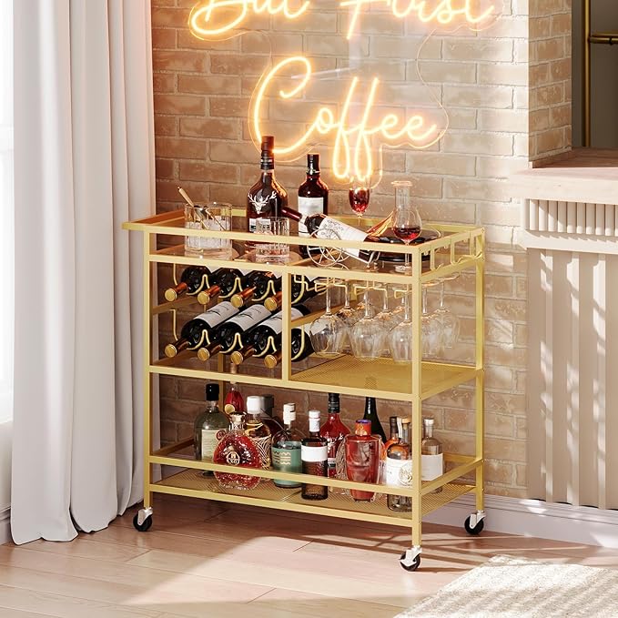 Bar Cart for Home, 3-Tier Serving Cart with Wheels and Handle, Beverage Cart with Wine Rack and Glass Holders, Rolling Wine Cart for Kitchen, Dining Room, Gold RCGD81B01