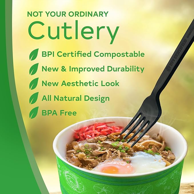 Compostable Cutlery Set, Plant-Based Compostable Utensils Disposable, Dishwasher-Safe Compostable Silverware, 380-Piece Disposable Cutlery, Plant a Tree with Every Box, Charcoal Black