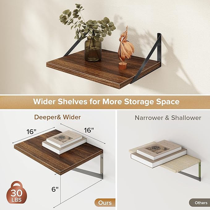 Deep Floating Shelves Wall Mounted, 16"x12" Walnut Wall Shelves with Brackets Set of 2 for Bedroom, Living Room, Bathroom, Kitchen, Office - Storage & Display Shelf for Decor, Books, Plants