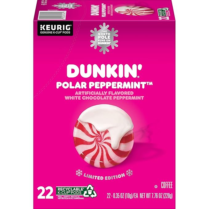 Dunkin Donuts Limited Edition Holiday Coffee K Cups - Polar Peppermint -1 Box of 22 Seasonal Kcup Pods For Keurig Coffee Makers