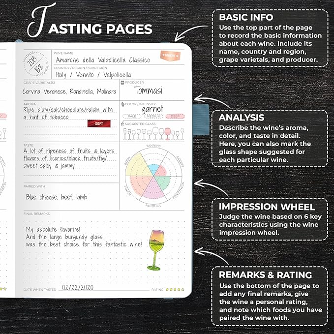 Clever Fox Wine Journal for Wine Tasting – Guided Diary & Log Book with Tasting Instructions, Aroma Wheel, Food Pairing & Glass Guide – 132 Entries, Hardcover, A5 Size (Aquamarine)