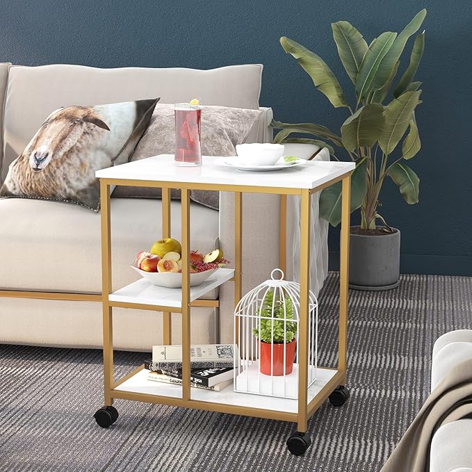 SogesHome Gold Bar Cart, Utility Bar Serving Cart Kitchen Island Rolling Cart on Wheels with Shelves for Living Room, Office, Coffee