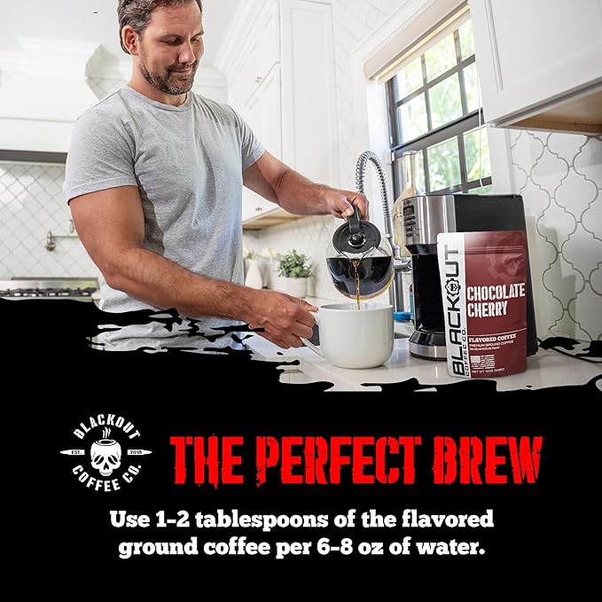 Blackout Coffee Chocolate Cherry Flavored Ground Coffee – Medium Roast, Smooth Taste, Guilt-Free Indulgence – Freshly Roasted 12oz Pouch.