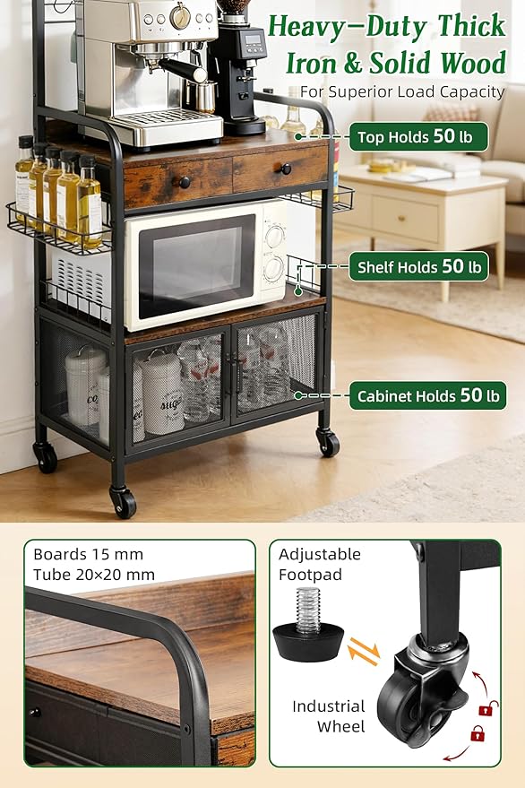 Rolling Coffee Bar Cart for Small Spaces, Coffee Station Cabinet with Storage, Apartment Coffee Nook, Side Syrup Rack, Tea Pod Drawer, Magnetic Doors, Lockable Wheels, Rustic Brown