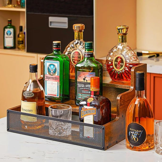 3 Step Countertop Liquor Bottle Display Shelf, Wood Bar Shelves 12 Bottles with Fences, Freestanding Storage Shelves for Liquor Whiskey Wine Coffee Syrup Display, Retro Wine Rack Home (Patent Pending)